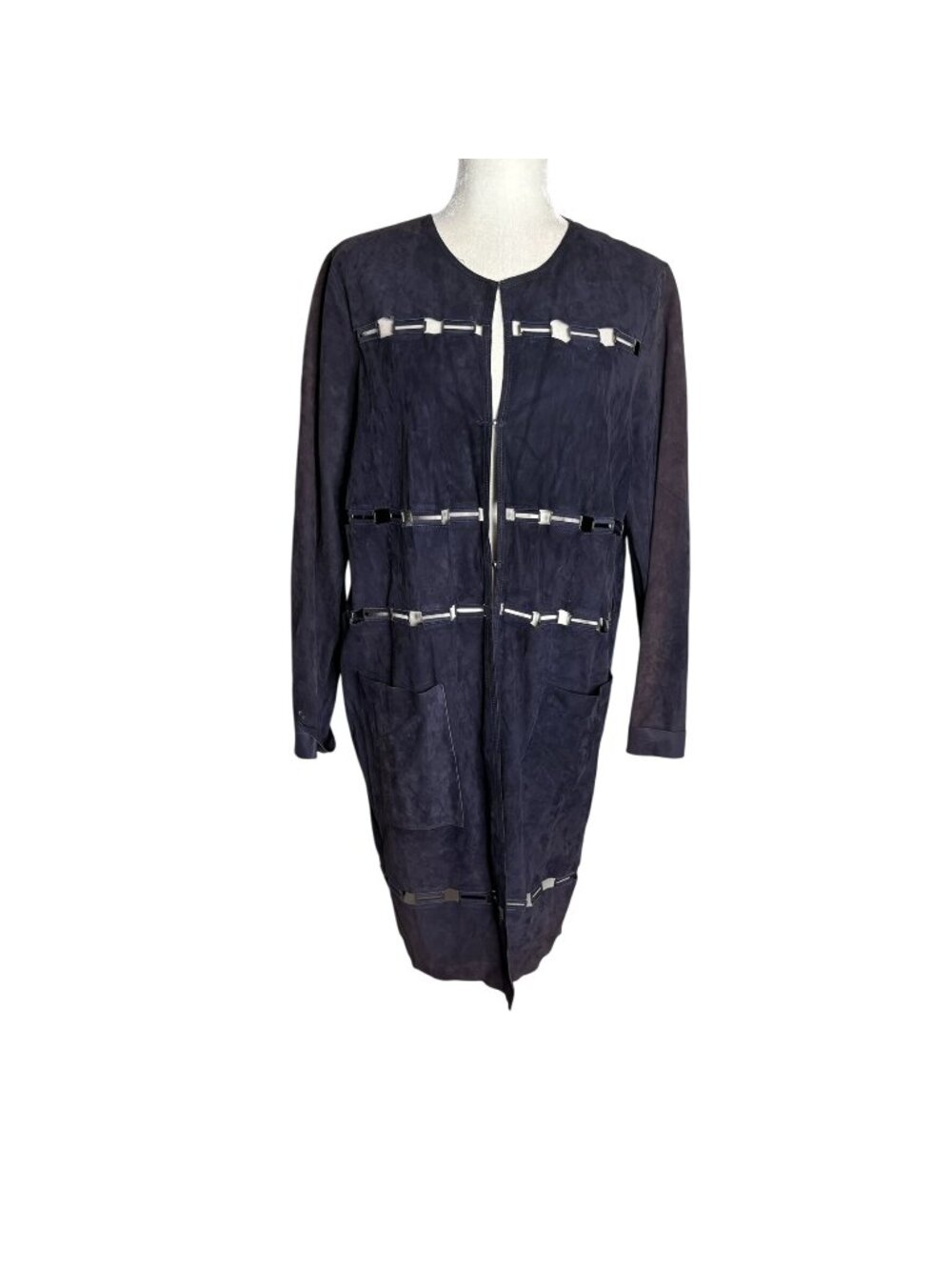 Elie Tahari Lamb Suede Long Duster Large Navy Blue Metal Hooks Lightweight Coat